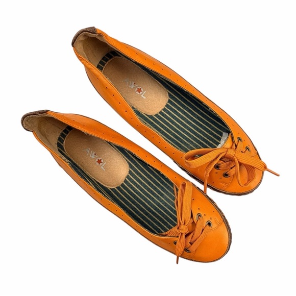 VTG Y2K AWOL Orange Leather Slip On Laced Boho Gardening Ballet Flats Size 8 - Picture 8 of 8